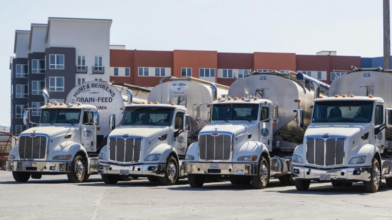 Four parked semitrailer trucks in an industrial yard with grain reservoirs, under clear skies.